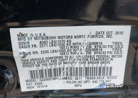 2015 Mitsubishi Outlander Sport Es from USA, damaged, VIN 4A4AR3AU5FE056288